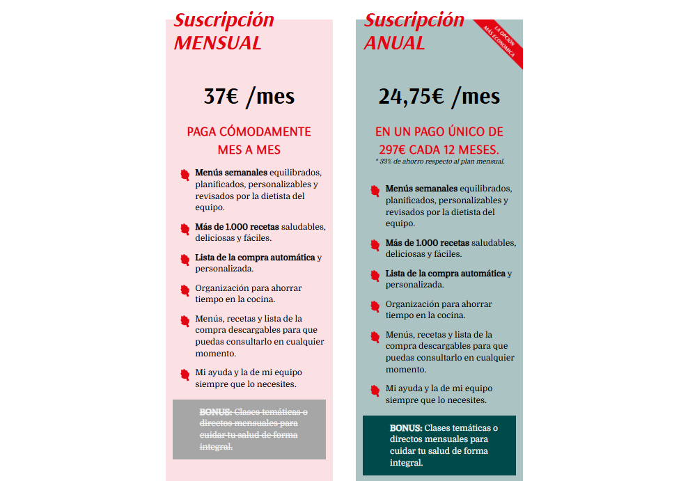 Precios del Método S.A.N.O. – membresía mensual y anual.