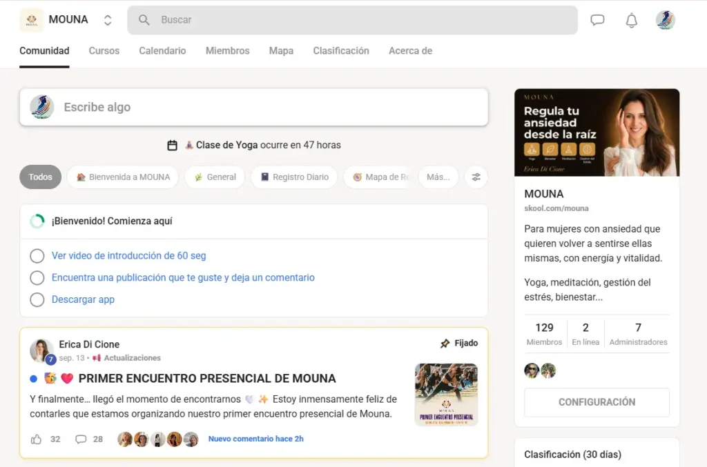 Página de MOUNA en Skool: comunidad de Erica Di Cione